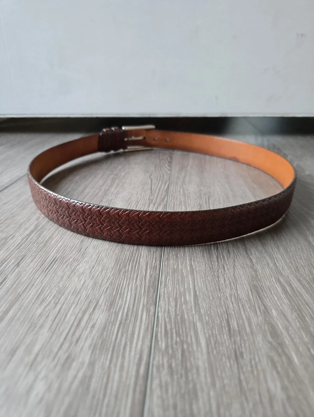 Brown Woven Leather Belt Men's 34 Basketweave Silver Buckle Made in USA Casual